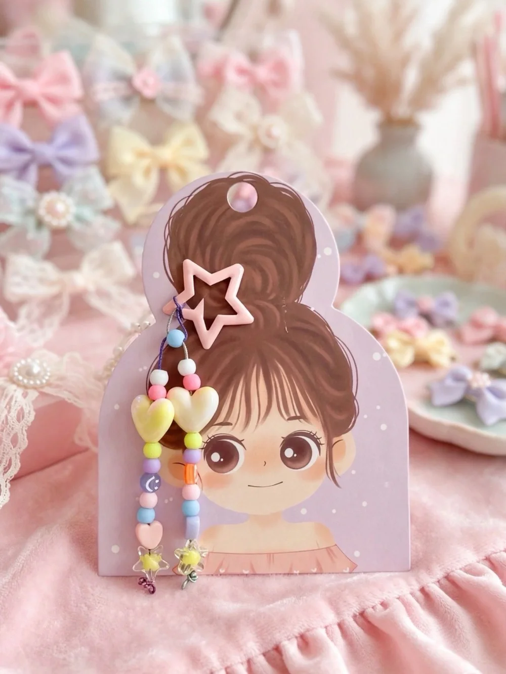 Kids Pastel Heart & Star Bead Charm Clip - Pink Star